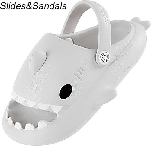 Vista 2 de Sandalias de tiburón para niños y niñas, pantuflas de ducha con forma de nube, bonitas sandalias de punta abierta con dibujos animados, suela