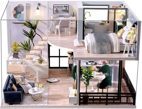 Vista 13 de CUTEBEE Casa de muñecas en miniatura con muebles, kit de casa de muñecas de madera para bricolaje, a prueba de polvo, idea creativa para habitación