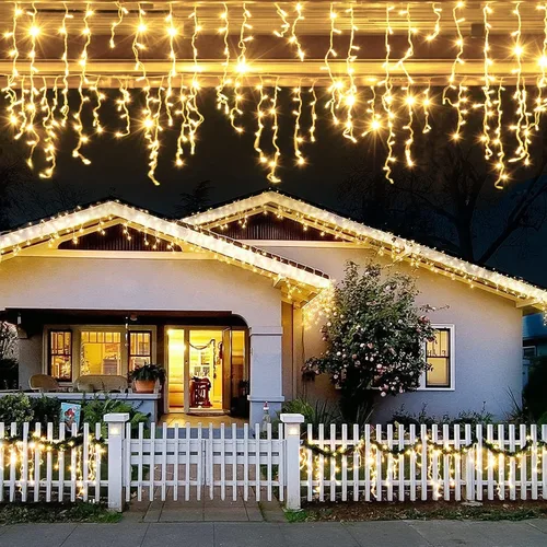 Vista 10 de JMEXSUSS 400 luces LED de Navidad de carámbano de 38.8 pies con control remoto, tira de luces multicolor para exteriores enchufables, 8 modos