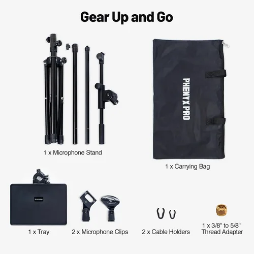 Vista 8 de PHENYX PRO Soporte para micrófono con bandeja grande de 8.7 x 6.3 in, altura de soporte ajustable, clips de micrófono dobles y bolsa de transporte