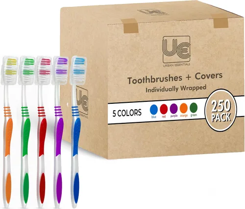 Vista 7 de Urban Essentials Paquete de cepillos de dientes a granel con fundas Cepillos de dientes coloridos envueltos individualmente de alta calidad Tapa