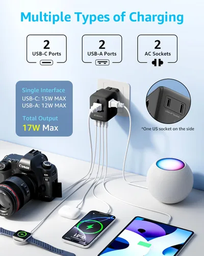Vista 4 de Adaptador de viaje universal, adaptador de enchufe de viaje internacional con 2 puertos USB-C y 2 puertos USB-A, con toma de corriente AC adicional