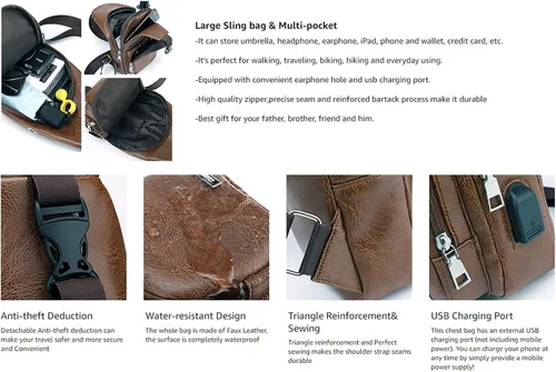 Vista 6 de Bolso bandolera de cuero personalizado - Bolso cruzado para hombre - Bolso de pecho para hombre - Mochila bandolera con puerto de carga USB - Bolsa