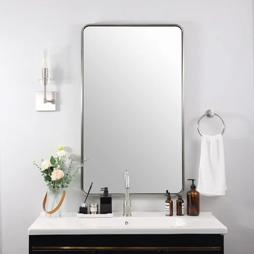 Vista 67 de Espejo de latón para baño, espejo rectangular redondeado de 22x30 pulgadas con marco de metal cepillado dorado, espejo de tocador de baño sin