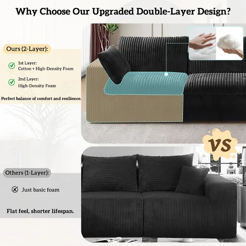 Vista 3 de 118" Cloud Couch Oversized Modular Sectional Sofa, Boneless L-Shaped 6 Seater Deep Seat Couch with Ottoman, Soft Corduroy Upholstery, DIY Negro