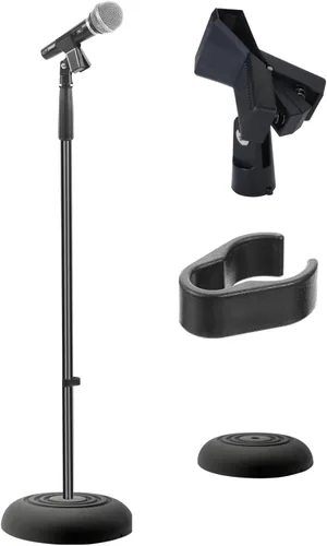 Vista 8 de Pyle Soporte de micrófono de base cuadrada con clip de micrófono, resistente, altura ajustable, 36.2 a 63.38 pulgadas, base sólida fundida a