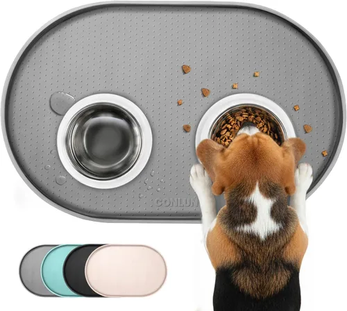 Vista 18 de Tapete de silicona para comida para perros con bolsillo lateral y agujero de gancho, bordes elevados suaves, fácil de limpiar, impermeable, Gris