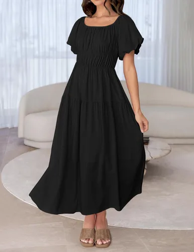 Vista 3 de ZESICA Vestido midi sexy bohemio con hombros descubiertos para mujer, de manga corta, cintura alta, con volantes, acampanado, para fiesta en la playa