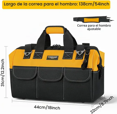 Vista 2 de WINHUNT Bolsa de herramientas premium, 14 bolsillos, 18 pulgadas, negro/amarillo, correa de hombro ajustable