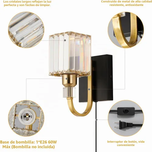 Vista 3 de Aplique de pared moderno de cristal con enchufe, lámpara de pared montada en negro dorado, lámpara de tocador enchufable con interruptor