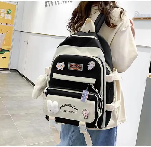 Vista 3 de Juego de 5 mochilas estéticas lindas con alfileres y colgante, mochila japonesa kawaii para la universidad para computadora portátil, mochila Negro