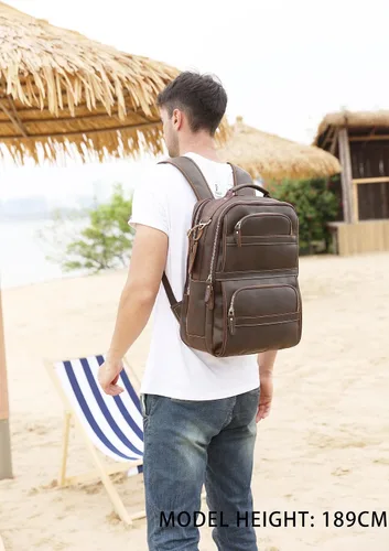 Vista 7 de LANNSYNE Mochila de cuero genuino vintage para hombres 15.6 pulgadas portátil bolsa de noche fin de semana camping mochila, Marrón, Mochilas