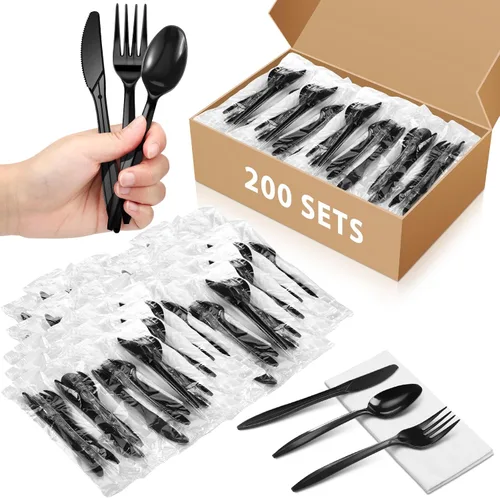 Vista 6 de Uiifan 1 juego de cubiertos de plástico envueltos individualmente, cubiertos desechables a granel, tenedor, cuchara, servilleta kit para salón