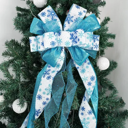 Vista 8 de MEEDEE Adorno Superior Azul para Árbol de Navidad de 12" de Ancho Lazos de Navidad con Purpurina Lazo de Cinta de Copo de Nieve Lazos Superiores