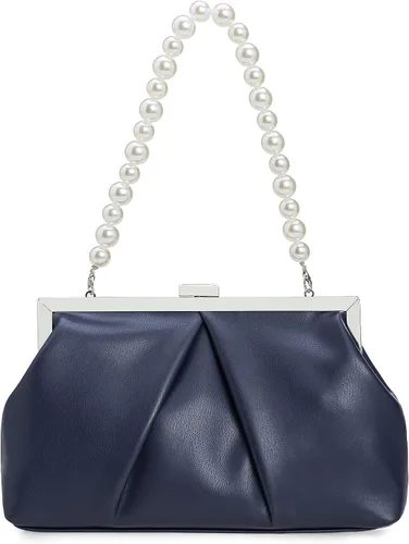 Vista 7 de CHARMING TAILOR Bolso de mano de piel sintética con marco de metal de PU fruncido, bolsa de noche formal con perla