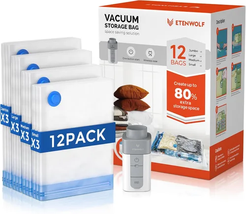 Vista 12 de ETENWOLF Bolsas de almacenamiento al vacío para viajes con bomba inalámbrica recargable, bolsas de sellado al vacío para ropa y viajes, bolsas