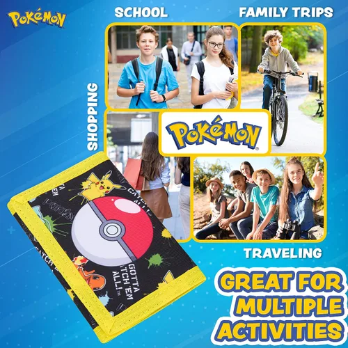 Vista 4 de Pokemon - Cartera triple plegable para niños con compartimento para monedas con cremallera y bolsillo transparente para identificación