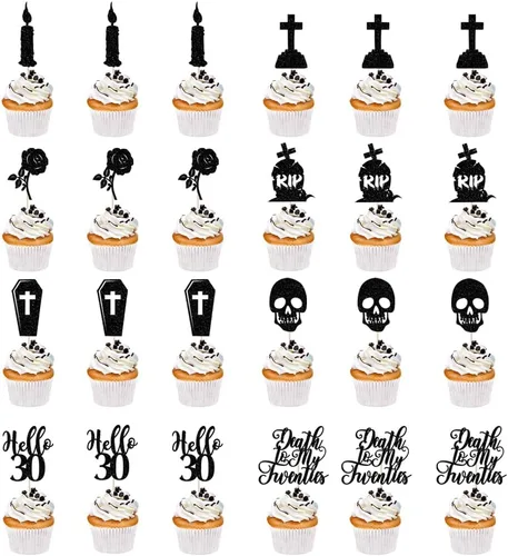 Vista 12 de 6 adornos acrílicos para tartas de Halloween, decoración de pastel de cumpleaños de Halloween, espeluznante con murciélago, calabaza, fantasma Negro1