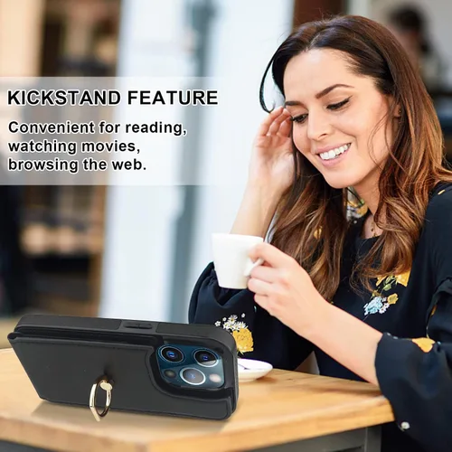 Vista 6 de Folosu Funda compatible con iPhone 13 Pro con soporte para tarjetas, rotación de 360°, soporte de anillo de dedo con función atril, protección RFID