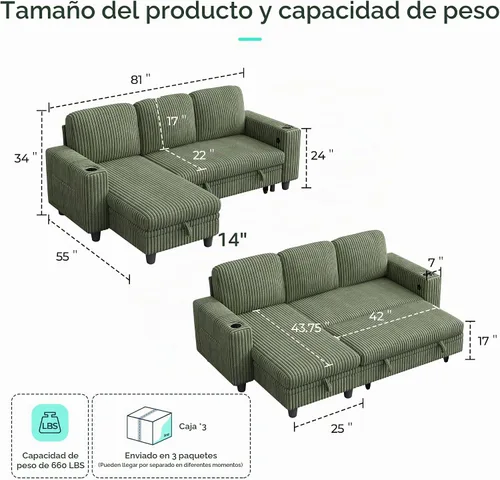 Vista 2 de LINSY HOME Sofá Seccional Cama con Sofá Cama Extraíble Convertible de Pana Suave Tipo Nube con Chaise de Almacenamiento y Carga USB, Cómodos Sofás