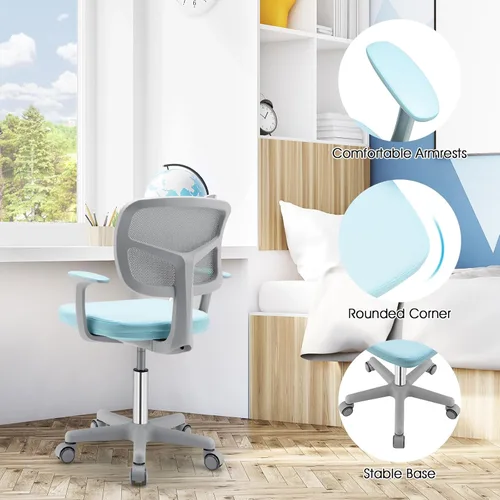 Vista 8 de Silla de escritorio para niños, silla ergonómica giratoria para estudio con soporte lumbar, malla transpirable y ruedas de bloqueo automático, silla