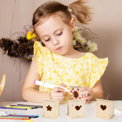 Vista 5 de Outus Kit de 24 piezas de casa de pájaros de madera para que los niños construyan, kit de casa de pájaros de 4 formas de madera sin terminar
