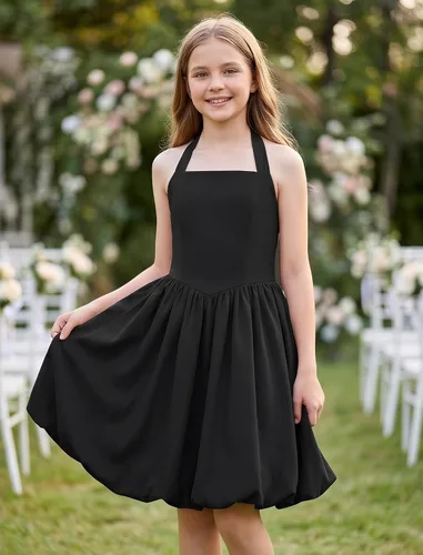 Vista 3 de IBTOM CASTLE Vestido de niña adolescente con cuello halter y lazo en la Negro