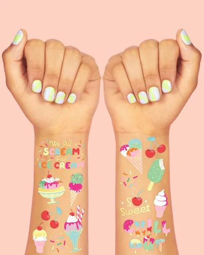 Vista 3 de xo, Fetti Tatuajes temporales para fiesta de cumpleaños de helados para niños, 56 estilos de purpurina Postre, suministros de fiesta de baby