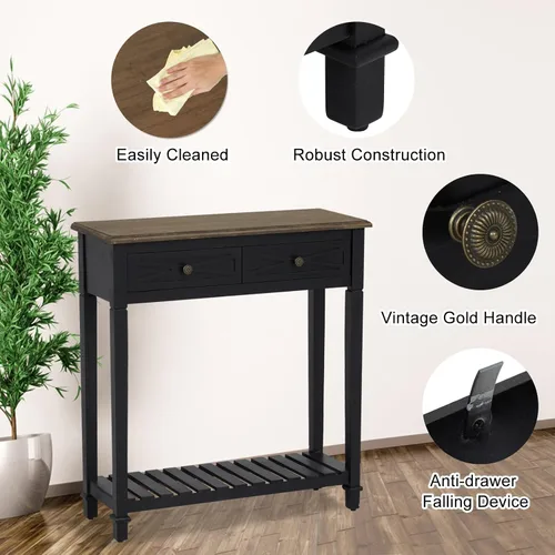Vista 6 de KINTNESS Mesa de entrada, mesa consola estrecha con 2 cajones, mesa auxiliar de sofá con estantes para sala de estar, pasillo, color negro
