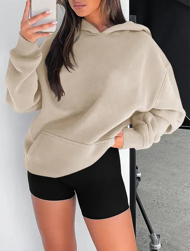 Vista 42 de onlypuff Sudadera casual con capucha para mujer, de manga larga, con bolsillo de canguro, hombro caído