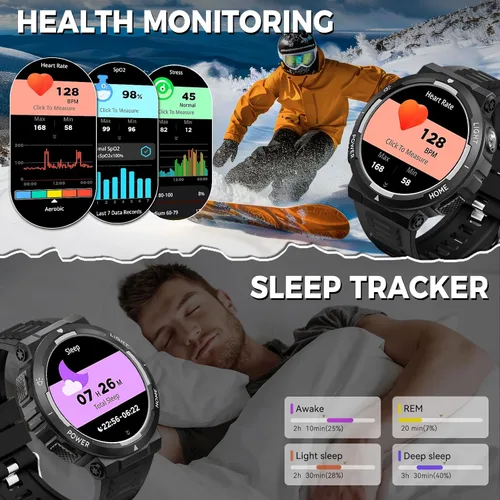 Vista 5 de Reloj inteligente militar para hombre (respuesta/hacer llamadas), reloj inteligente resistente con linterna LED, resistente al agua de 3 ATM