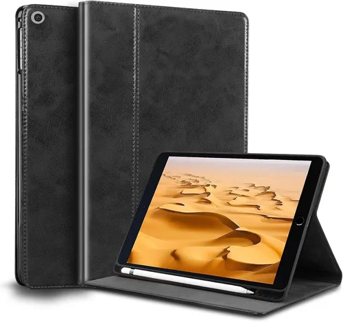 Vista 15 de Funda para iPad de 10.2 pulgadas, 9ª/8ª/7ª generación 2021/2020/2019, piel auténtica, función de encendido y apagado automático. Negro clásico