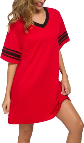 Vista 4 de Camisón de manga corta para mujer, con cuello en V, de algodón, holgado, cómodo, pijama, vestido casual para dormir