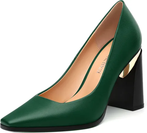 Vista 21 de Tacones altos para mujer, zapatos de vestir de tacón grueso con puntera cuadrada cerrada de patente, tacones elegantes, zapatos de vestir diarios
