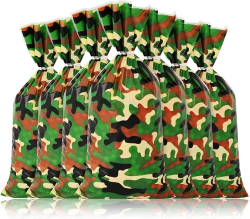 Vista 4 de Lecpeting 100 bolsas de dulces de camuflaje con estampado de camuflaje de celofán, bolsas de dulces de celofán, recuerdos de fiesta del ejército