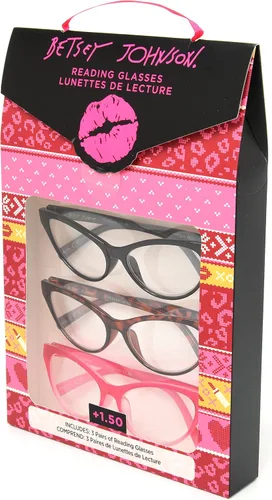 Vista 2 de Betsey Johnson Women's Fairisle 3 Pack Reading Glasses Cat Eye, Black, Tortoise, Pink Gradient, 1.5X + 1.5