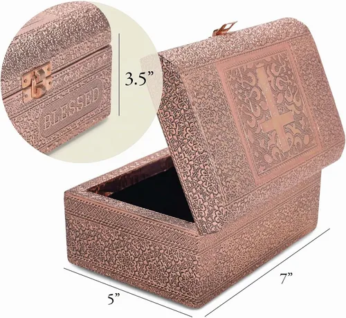 Vista 4 de Cottage Garden Caja de recuerdos de baúl de tapa redonda estampada de metal en tono cobre bendecido