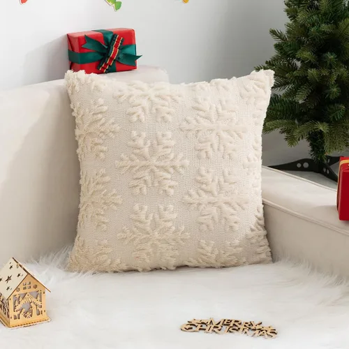 Vista 4 de Juego de 2 fundas de almohada decorativas de terciopelo de invierno con copos de nieve beige, 18 x 18 pulgadas, funda de cojín cuadrada