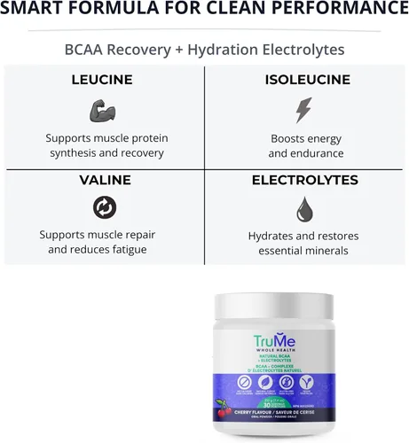 Vista 2 de TruMe Clean - Polvo de electrolitos BCAA vegano - Cereza - 2:1:1 sin azúcar sin sucralosa BCAA Aminoácidos Suplemento para mujeres/hombres