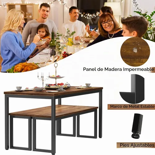 Vista 5 de soges Juego de mesa de cocina con 2 bancos, juego de mesa de comedor para 4, mesa de comedor de 3 piezas y bancos largos, juego de mesa de café