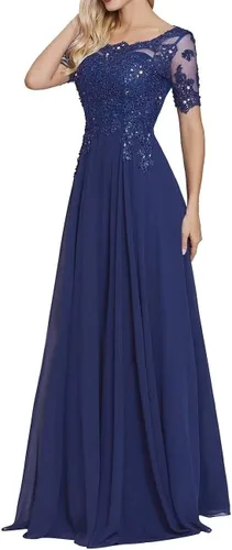 Vista 4 de Vestido formal de gasa de manga corta con apliques de encaje para mujer