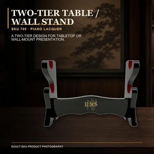 Vista 2 de Pie de mesa de madera negra laqueada Handmade Sword, para espadas katana o wakizashi, de lujo, cuadro titular de la visualización