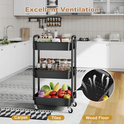 Vista 8 de Carrito rodante de 3 niveles con ruedas, carrito organizador de estantes de plástico negro de tres niveles con ruedas con cerradura, pequeño carrito