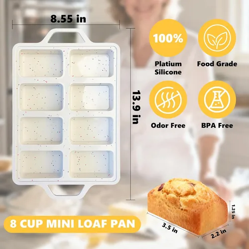Vista 2 de 1 mini moldes de silicona antiadherentes con guantes de marco de metal, 8 moldes para pan de cavidad de tazas, moldes pequeños para hornear, moldes