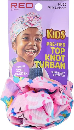 Vista 2 de Red by Kiss Turbante con nudo superior preatado para niños, turbante africano de elastano suave, ropa elástica para la cabeza, envoltura