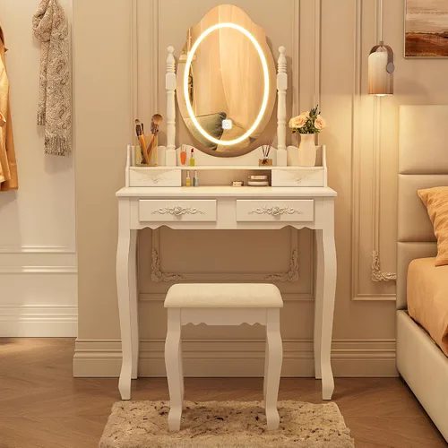 Vista 10 de Escritorio de tocador con espejo y luces, mesa de maquillaje moderna y taburete acolchado con 4 cajones, 3 modos de iluminación de color con brillo