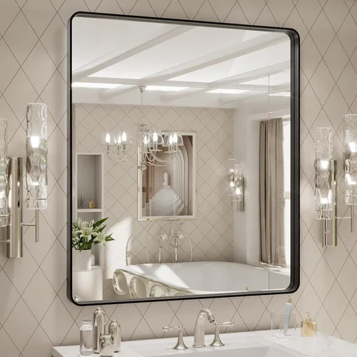 Vista 106 de LOAAO 20x16 Pulgadas Espejo de Baño con Marco de Metal Negro para Pared, Espejo de Tocador de Baño de Estilo Granja, Espejo Grande Rectangular