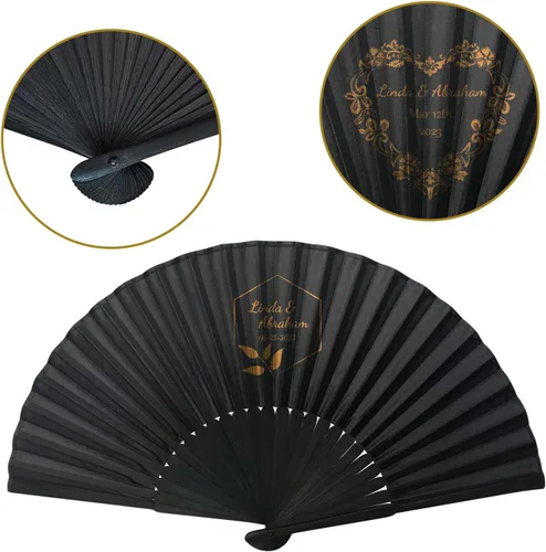 Vista 2 de Abanicos de mano negros personalizados, 10 unidades, abanicos plegables de mano personalizados para boda, recuerdos de fiesta, costillas de bambú