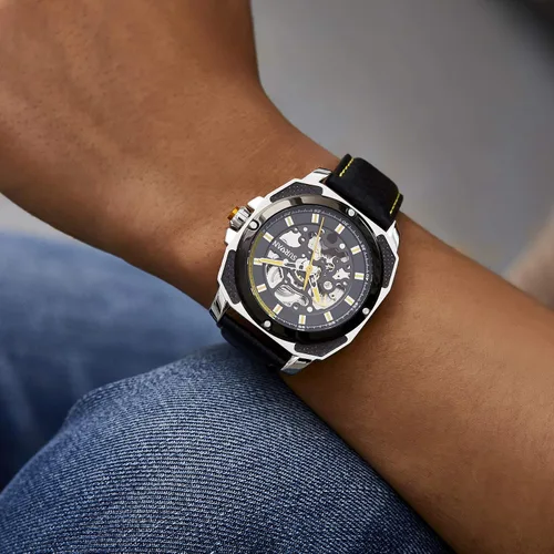 Vista 3 de SURVAN WatchDesigner Automatic Watch for Men Sapphire Crystal Mechanical Skeleton Wrist Watch Leather Strap