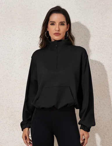Vista 3 de kayamiya Sudadera corta con cremallera y cuello alto y cordón ajustable para mujer, con bolsillos